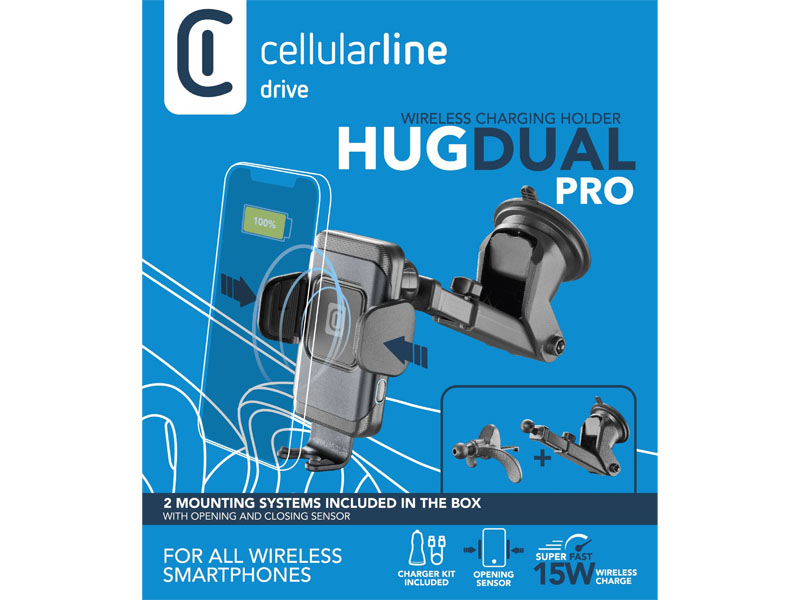 Cellular Line HUG Dual Pro autós telefontartó és vezetéknélküli töltő motorizált bölcsővel (tapadókorong, szellőzőrács) 11